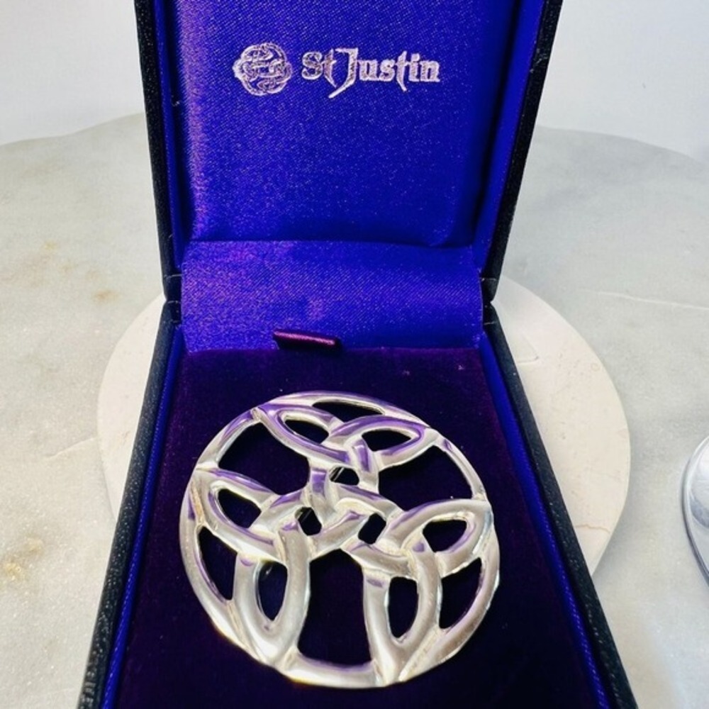 Vintage St Justin Celtic Brooch Pin Knotwork Pewter Presentation‎ Box Info